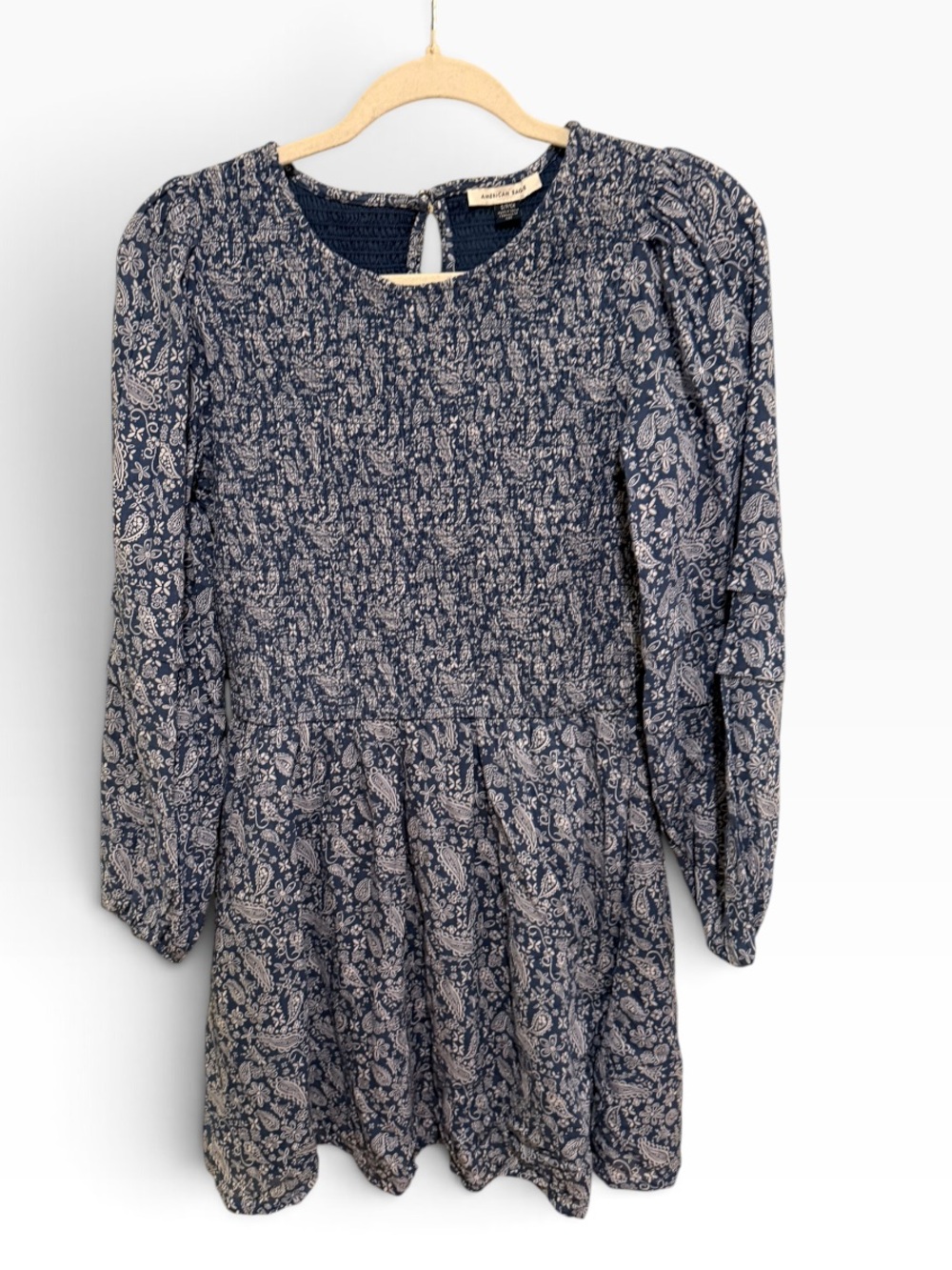 American Eagle Navy Paisley Floral Smocked Long Sleeve Mini Dress Sz S